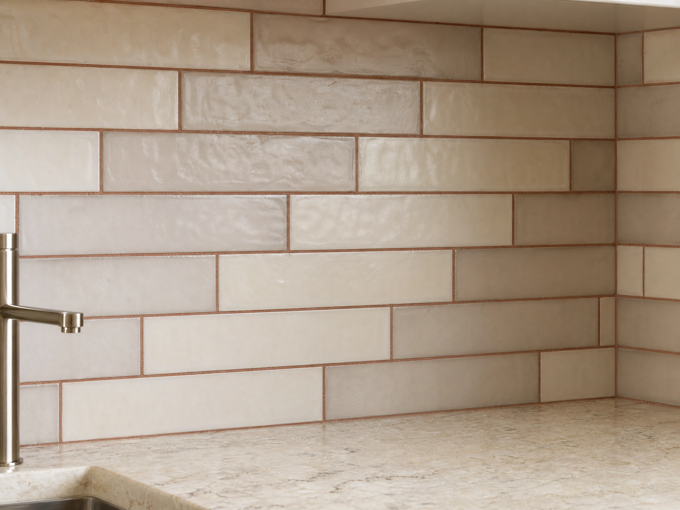 Warm ivory ceramic kitchen backsplash with crisp grout lines