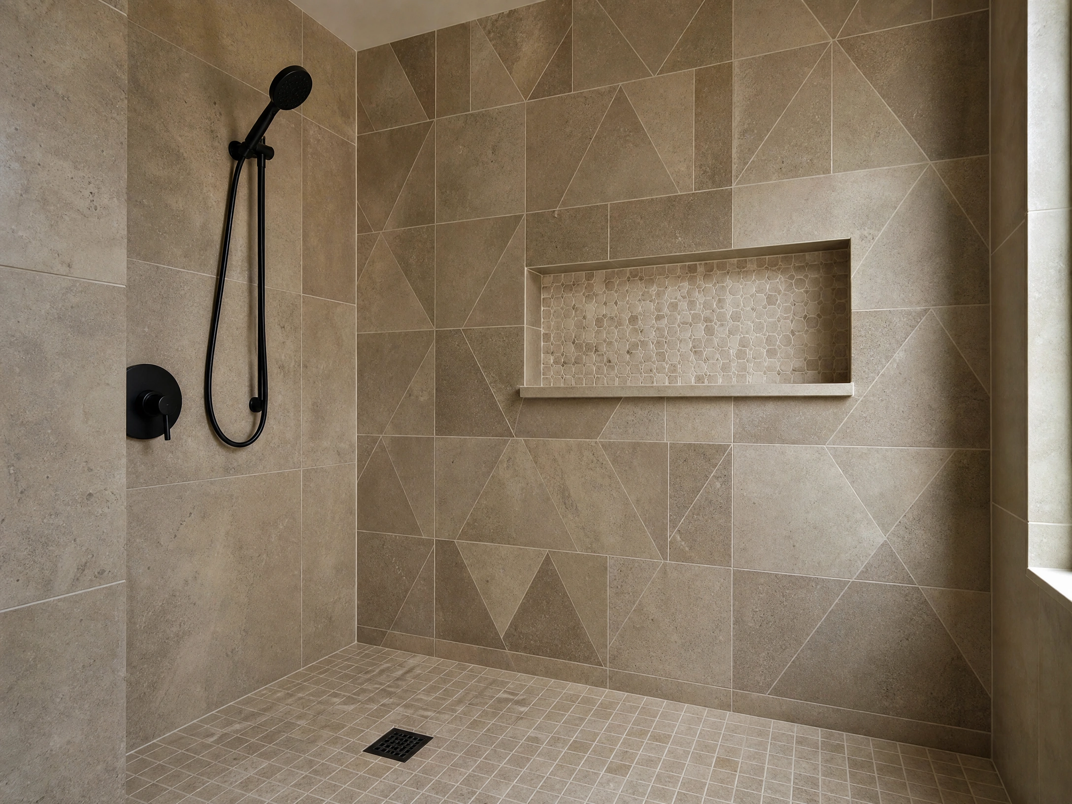 Contemporary shower with geometric porcelain wall tile and mosaic niche