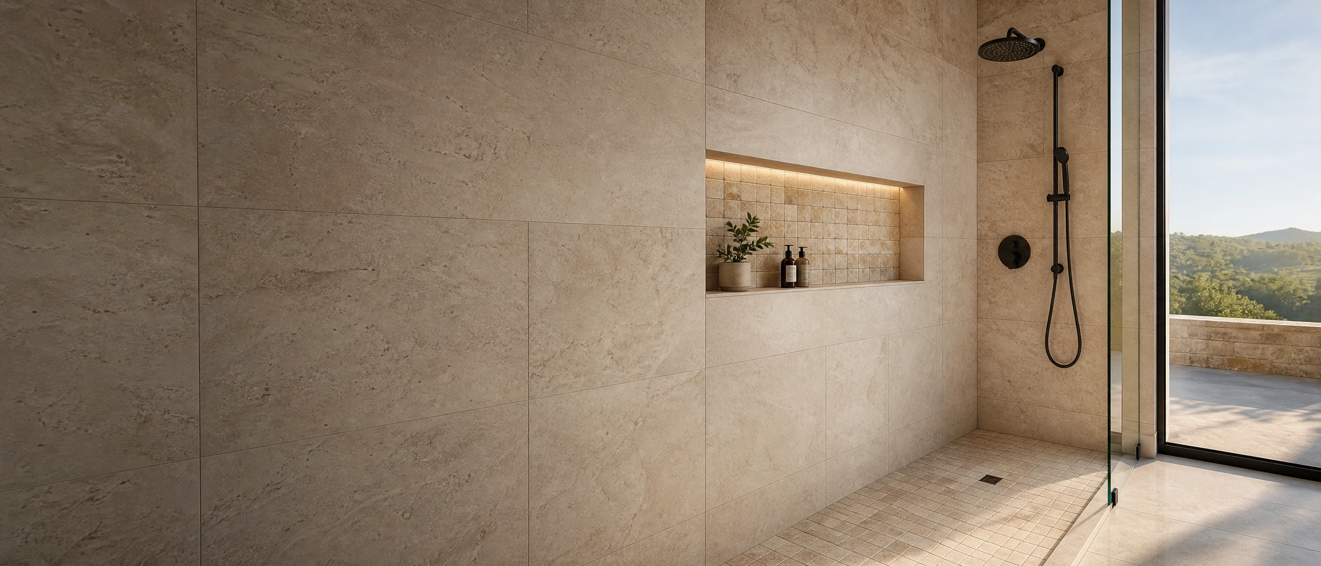 Modern tiled shower with large-format porcelain walls, mosaic niche, and precise grout lines