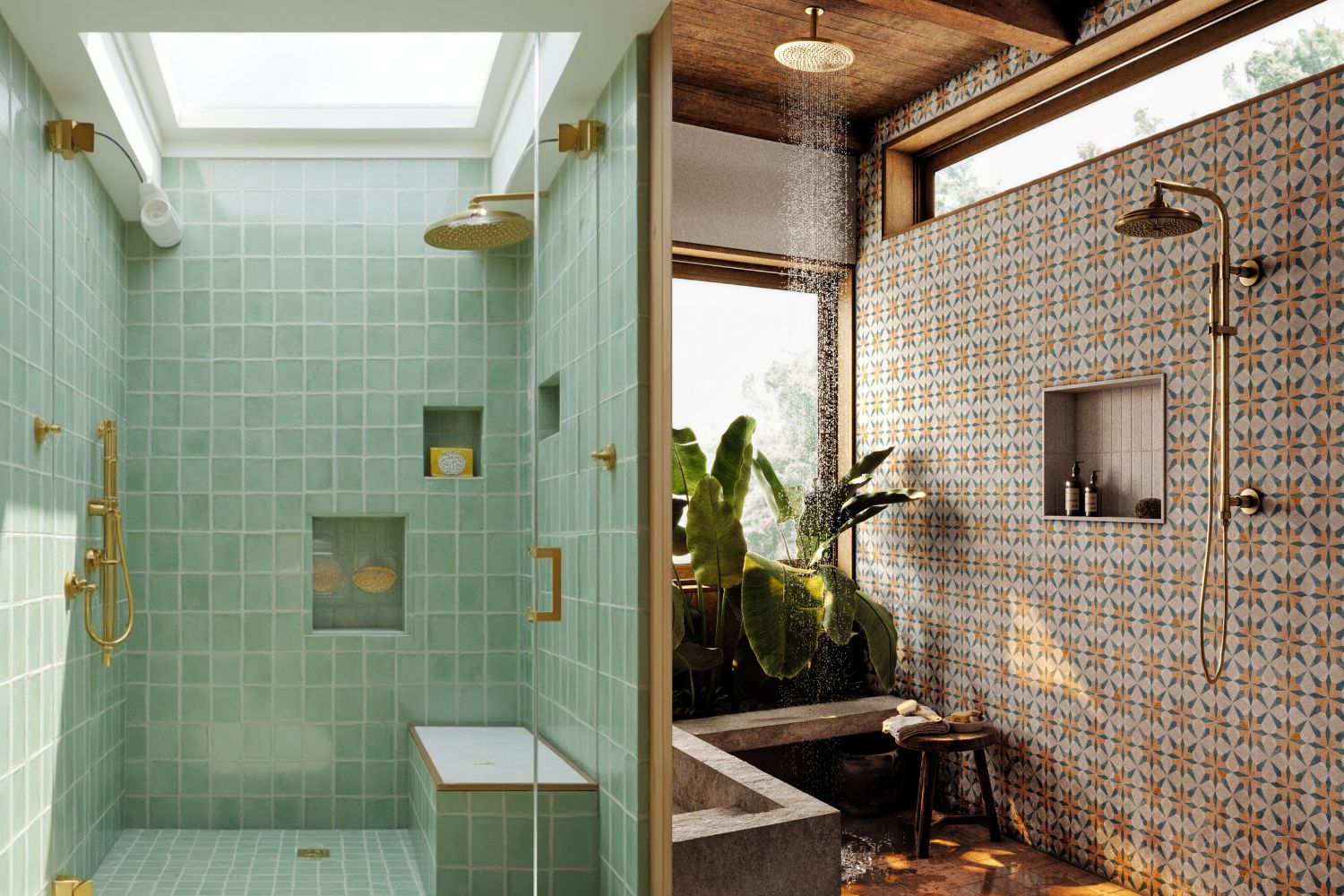 Mosaic tile shower where tiled walls and floor are central
