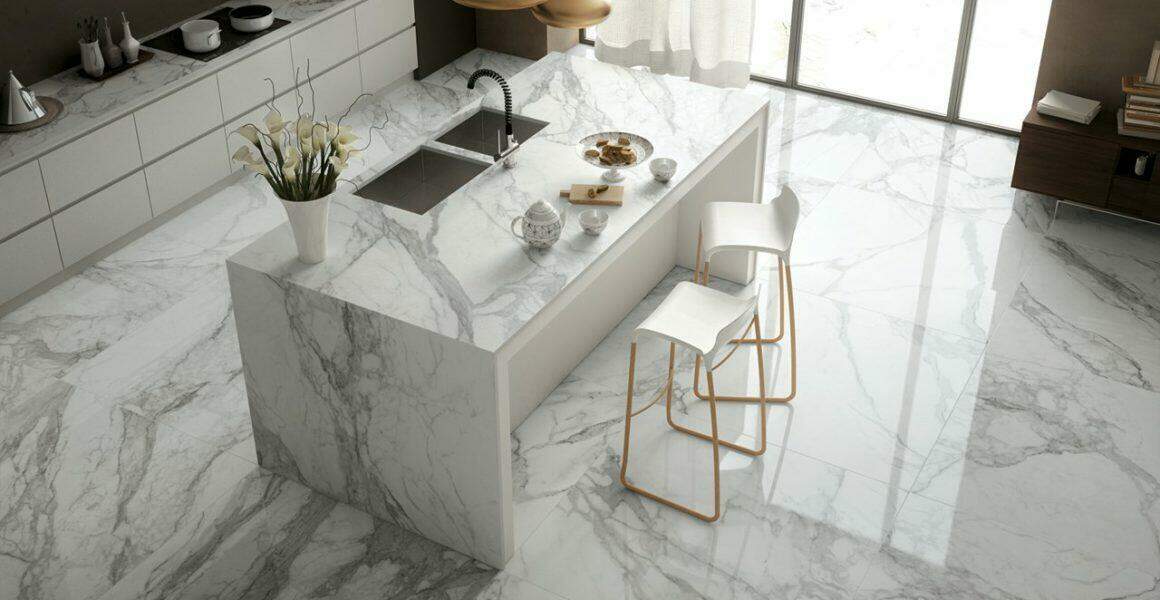 Large-format porcelain floor tile with visible aligned tile joints